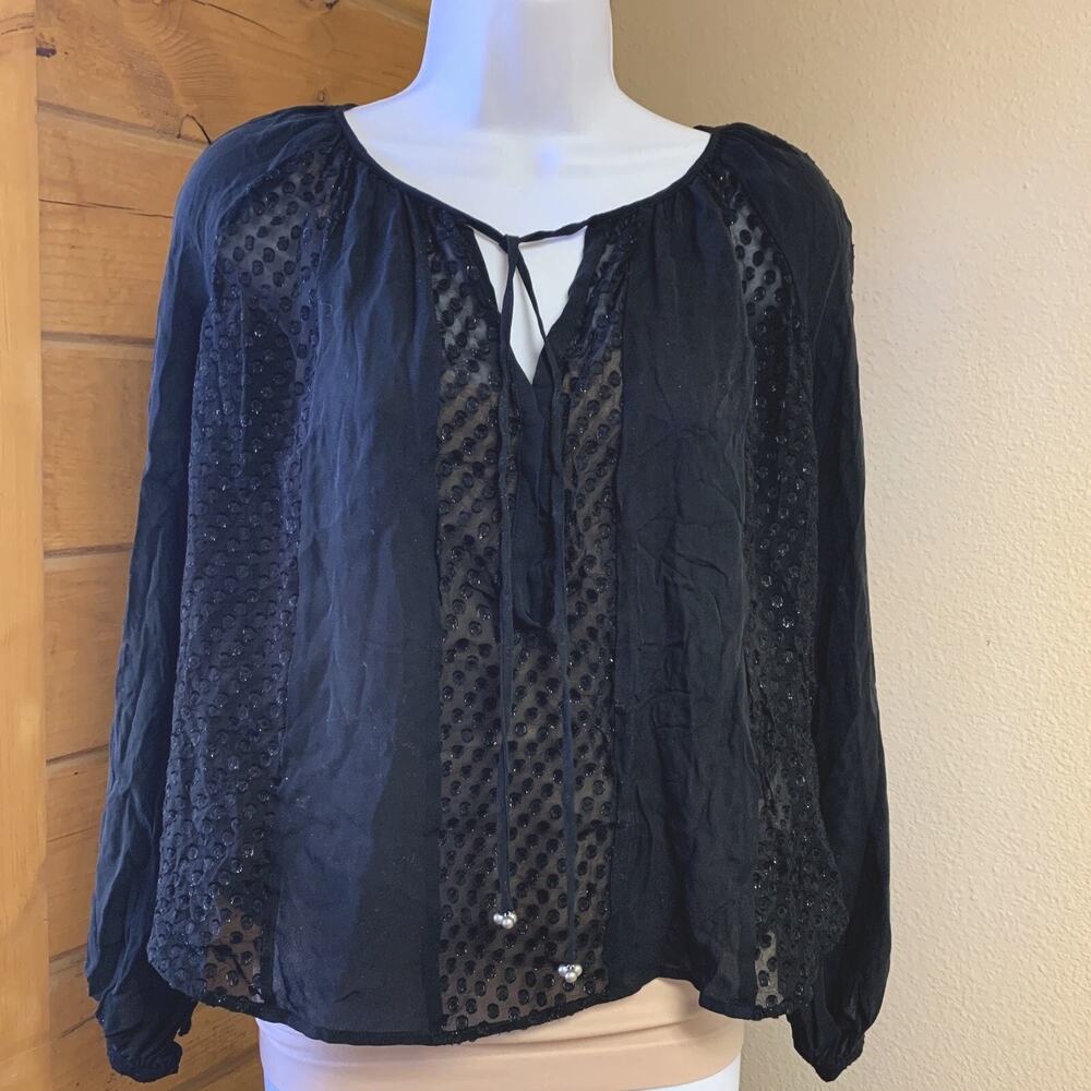 L’Agence women's Silk Blouse XS black semi Sheer V-neck‎ shimmer polka dots